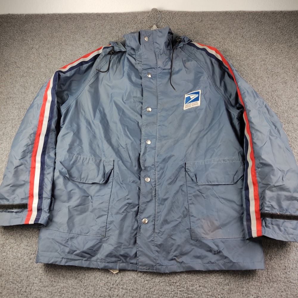Vintage USPS Parka Hooded Mens Medium Raincoat Jacket Blue Striped Coat USA Made